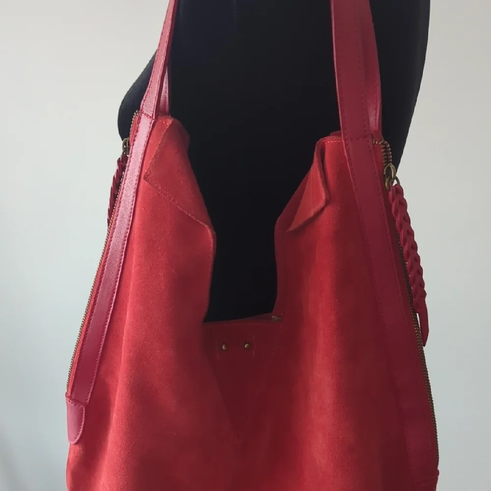Anthropologie Red Suede with Leather Trim Details Slouchy Bag - Picture 2 of 12